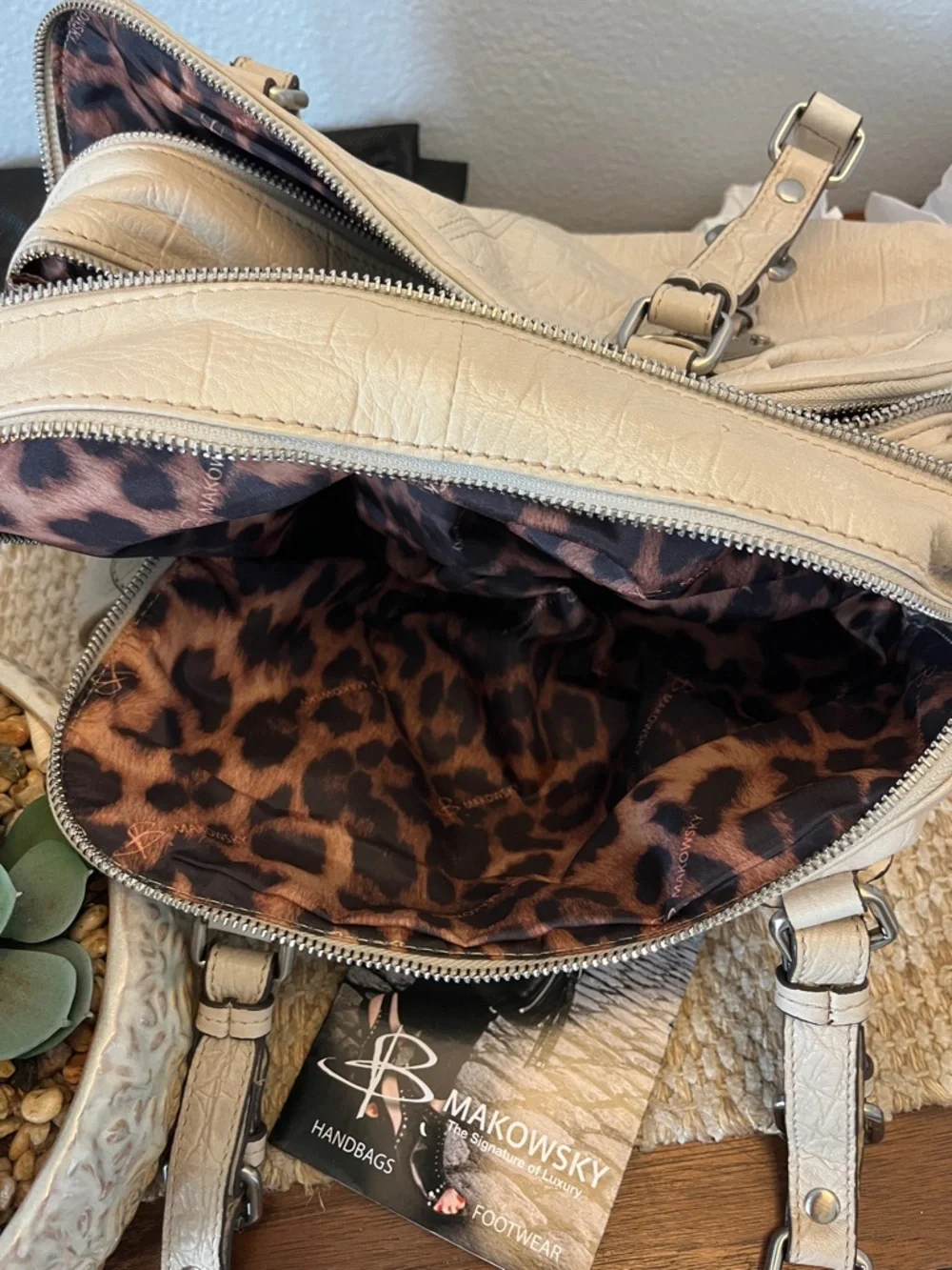 b. makowsky Cream Pebbled Leather Satchel